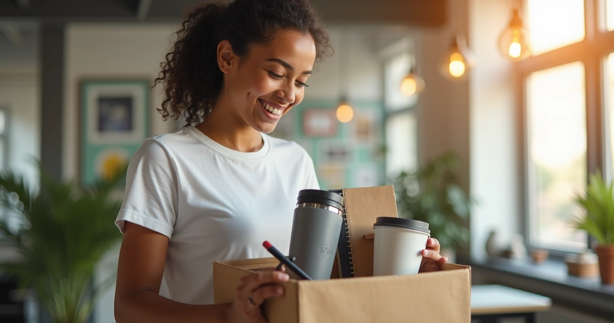 Colaborador sorrindo com kit de boas-vindas personalizado 