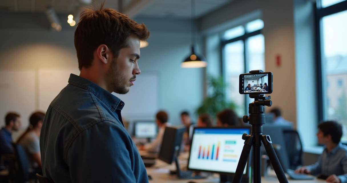 Colaborador grava vídeo de treinamento usando smartphone em escritório 