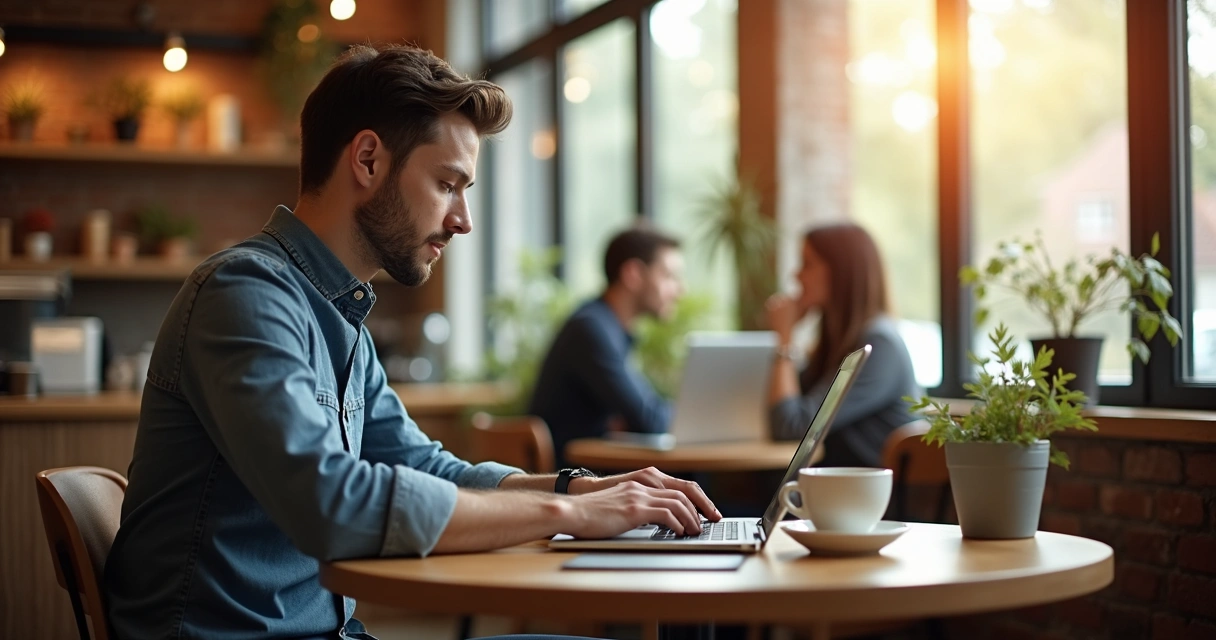 Pessoa trabalhando remoto em cafeteria com notebook 
