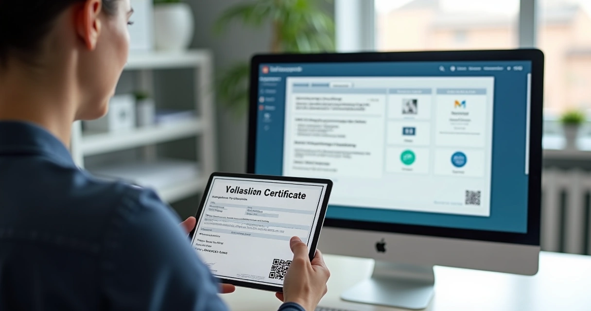 Pessoa consulta certificado digital de treinamento no computador 