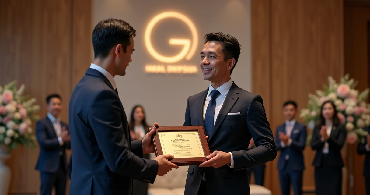 Colaborador recebe placa de homenagem durante evento corporativo 