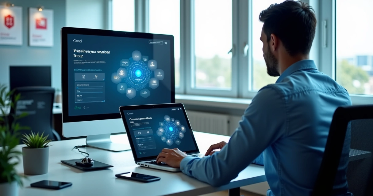 Trabalhador em frente ao computador recebendo acessos digitais 
