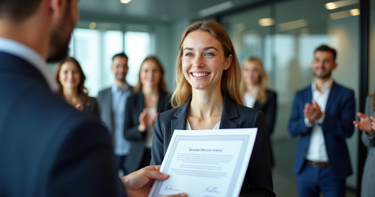 Colaboradora recebendo certificado de reconhecimento após treinamento