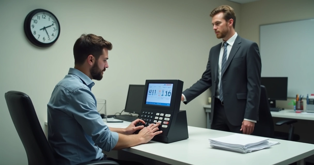 Colaborador sentado na frente de aparelho de ponto eletrônico recusando registrar o horário, com gestor observando atentamente ao lado 