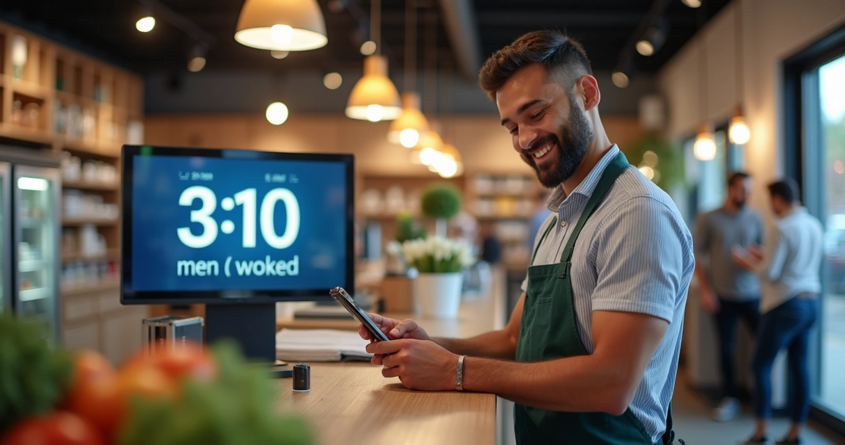 Colaborador satisfeito visualizando registro de ponto digital 