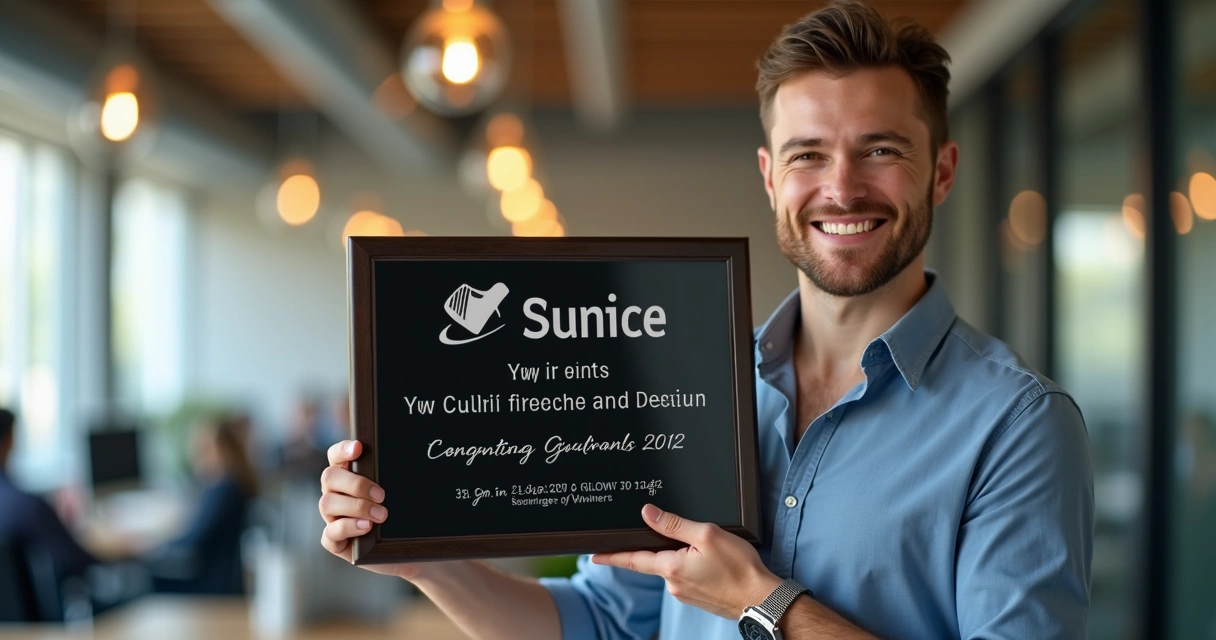 Funcionário sorrindo exibindo placa personalizada de homenagem na empresa 
