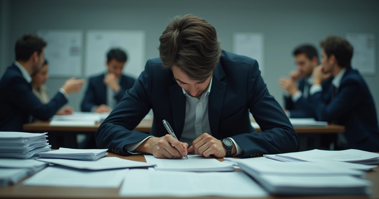 Colaborador sentado demonstrando estresse com papéis sobre a mesa 