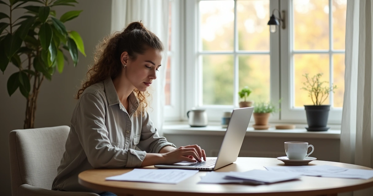 Pessoa trabalhando em casa com notebook e anotações na mesa 