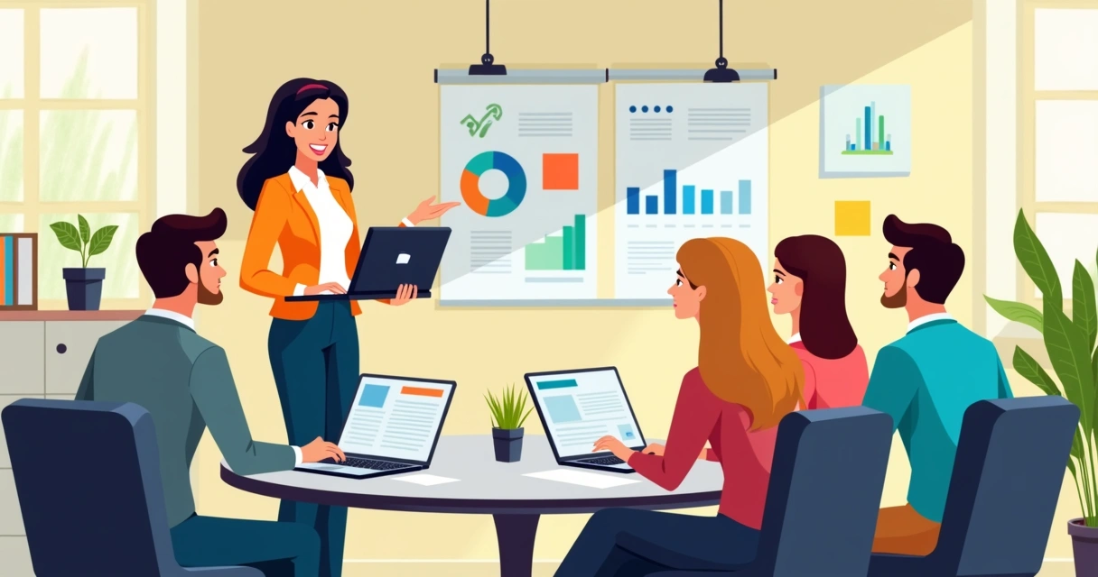 Colaboradora liderando discussão e tomando decisões durante reunião. 