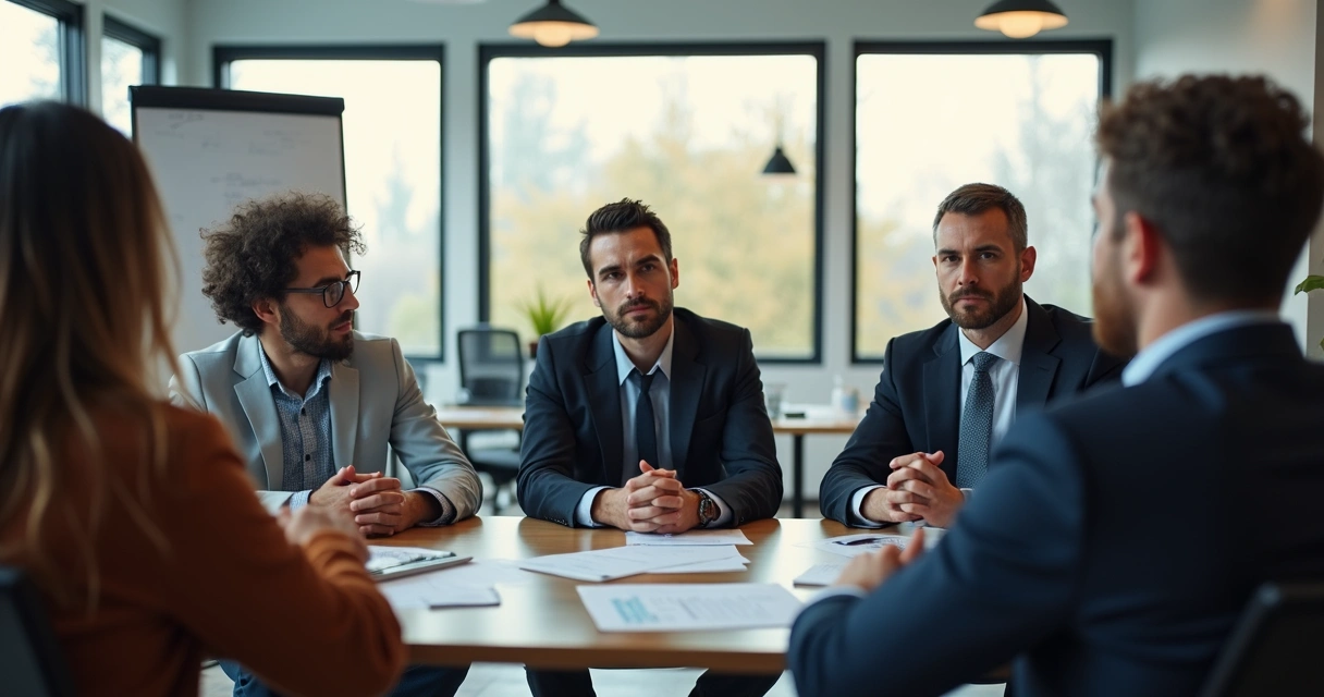 Colaboradores sentados em círculo, expressando seriedade e reflexão 