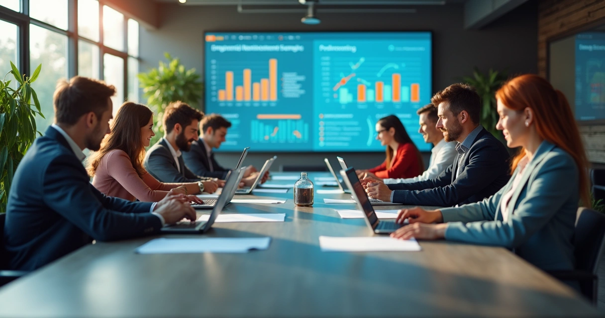 Colaboradores usando tablets em uma sala moderna acompanhando treinamento digital 