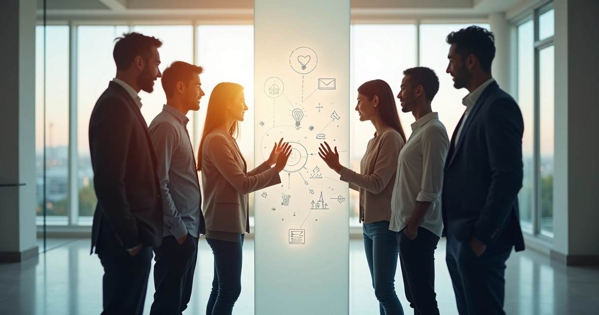 Equipe ao redor de painel luminoso alinhando objetivos individuais e coletivos 