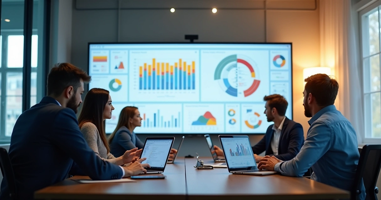 Equipe de colaboradores analisando gráficos de dados em sala de reunião 