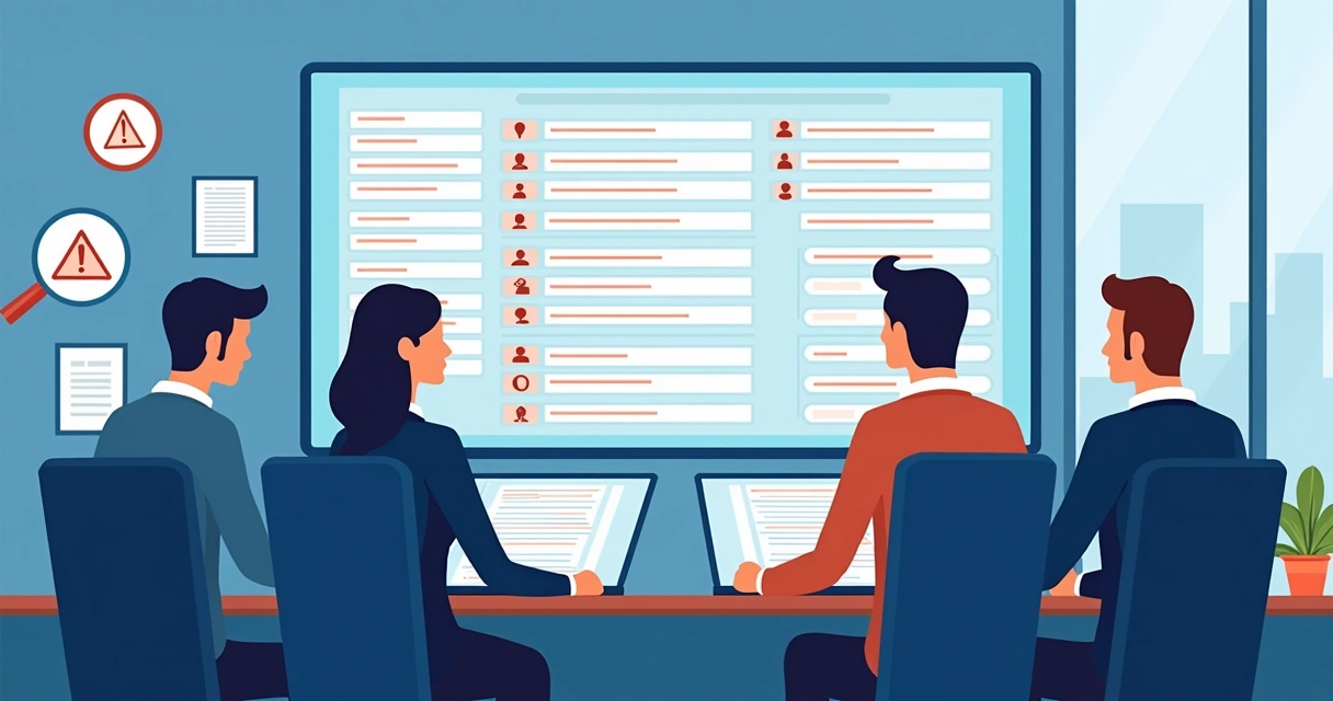 Colaboradores analisando lista de empresas em computadores 