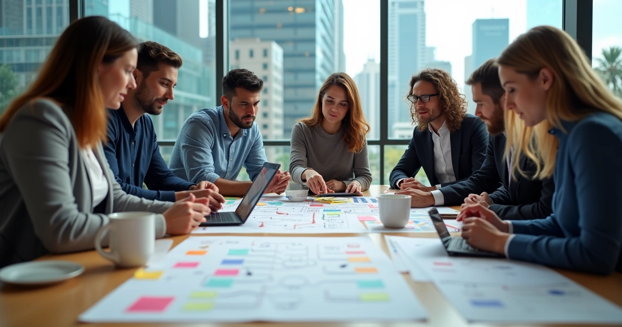 Equipe reunida analisando fluxos de trabalho em documentos e telas