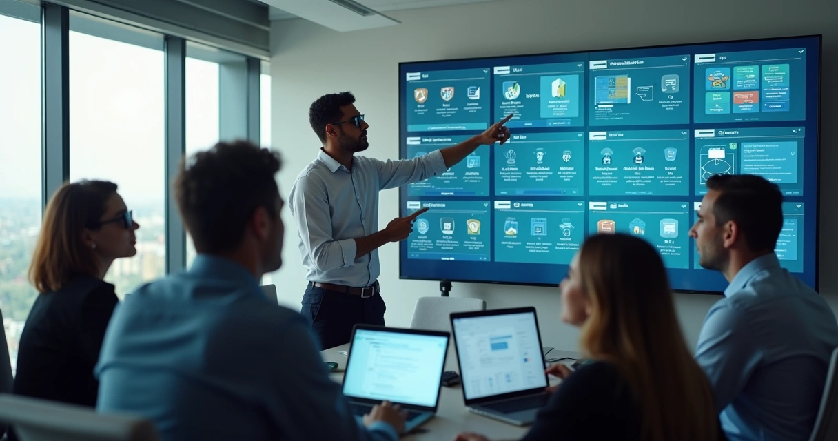 Colaboradores analisando softwares na tela do computador