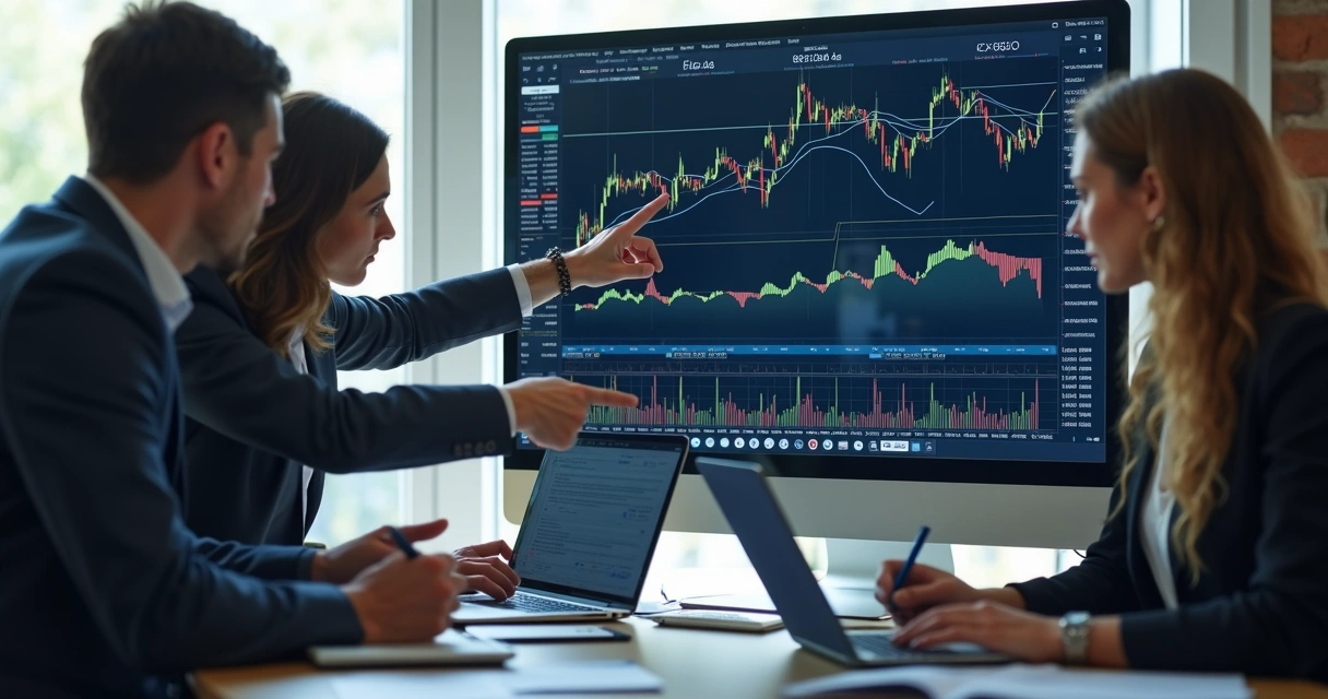 Equipe olhando atentamente para gráficos financeiros em tela de computador 