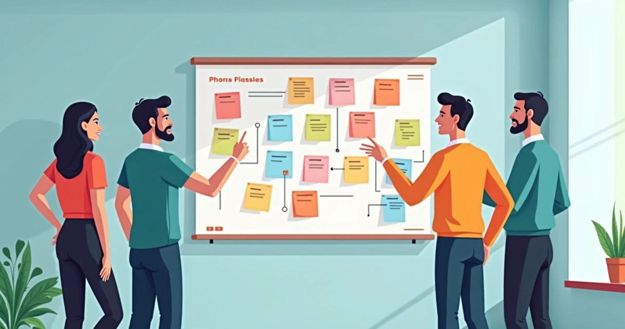 Colaboradores analisando quadro de pipeline cheio de post-its coloridos 