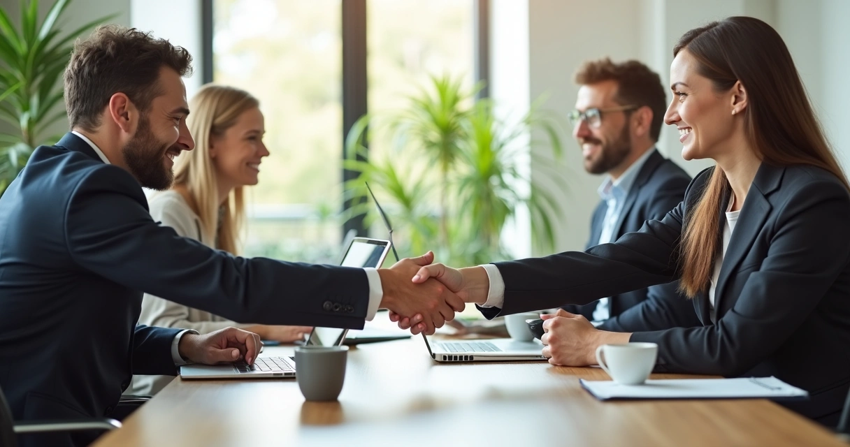 Colaboradores apertando as mãos em sinal de acordo 