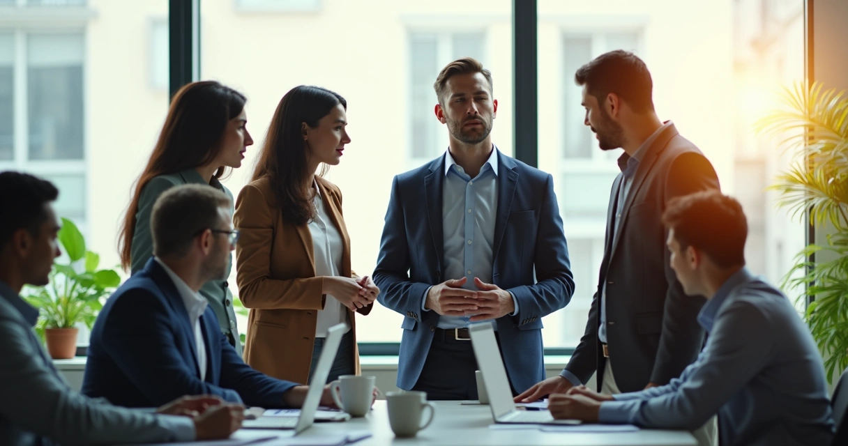 Colaboradores no escritório apoiando colega apreensivo 