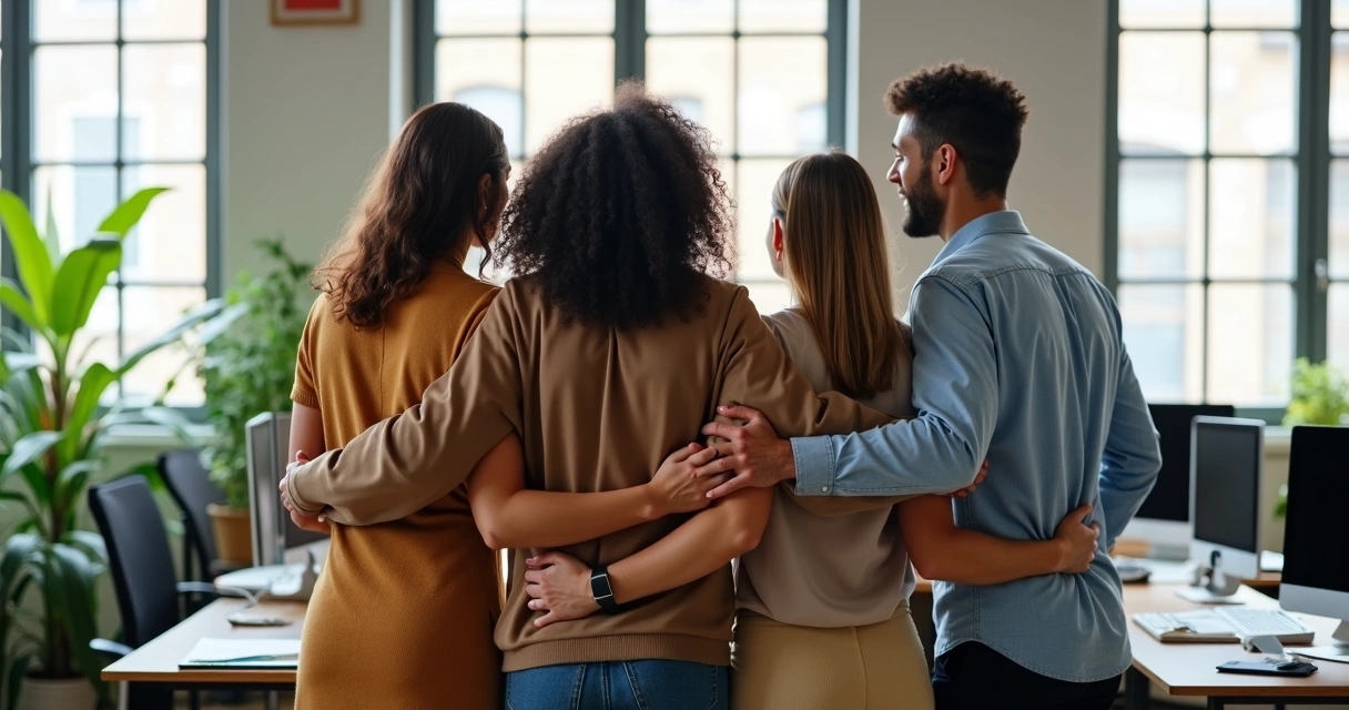 Colaboradores trocando apoio com abraço coletivo no ambiente de trabalho 