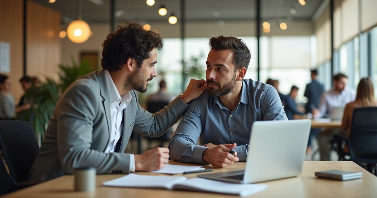 Dois colegas de trabalho se apoiando em um ambiente corporativo 