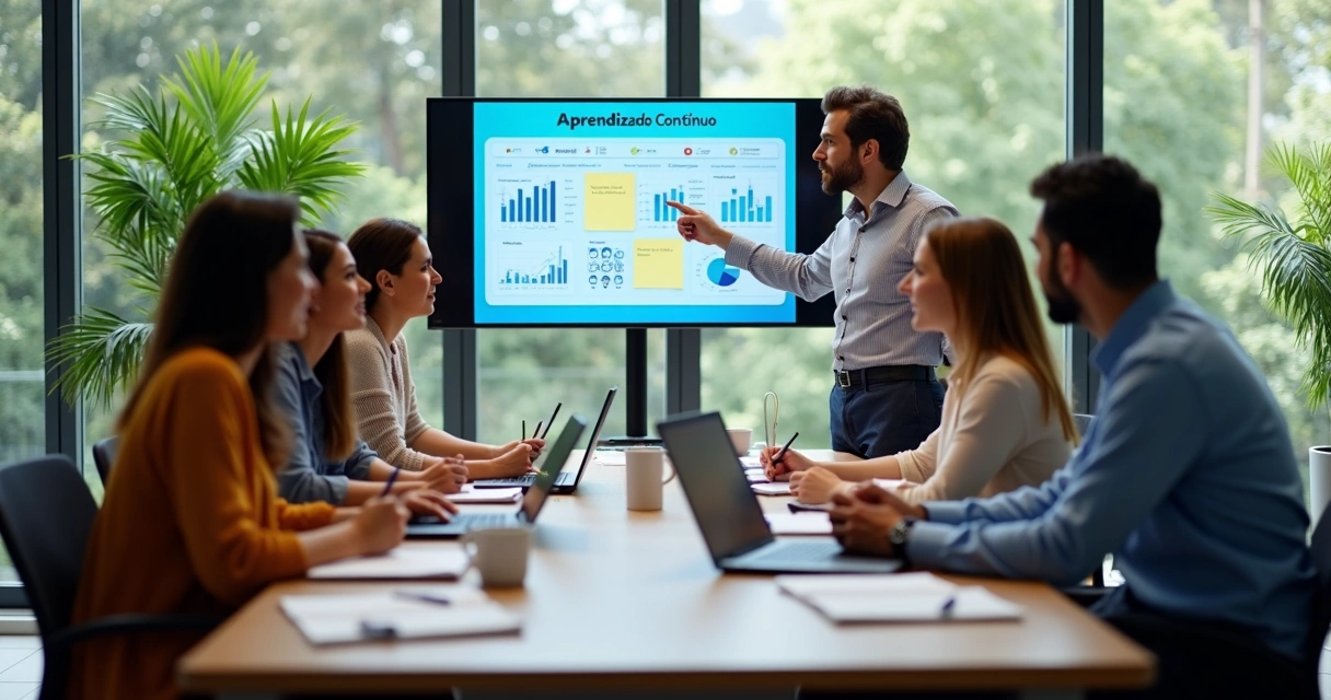 Equipe reunida participando de treinamento corporativo 