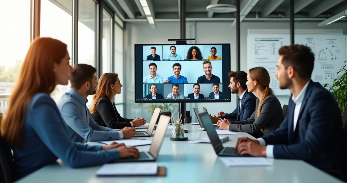 Colaboradores em treinamento online com equipamentos multimídia na empresa. 