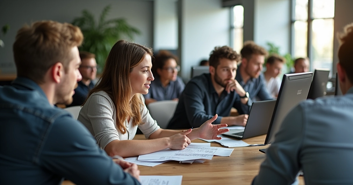 Equipe de colaboradores reunida ao redor de computadores assistindo a módulo de e-learning