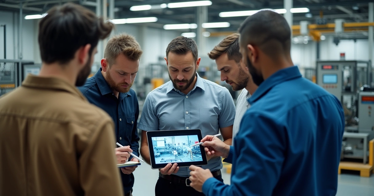 Colaboradores usando tablet para aprender um procedimento 