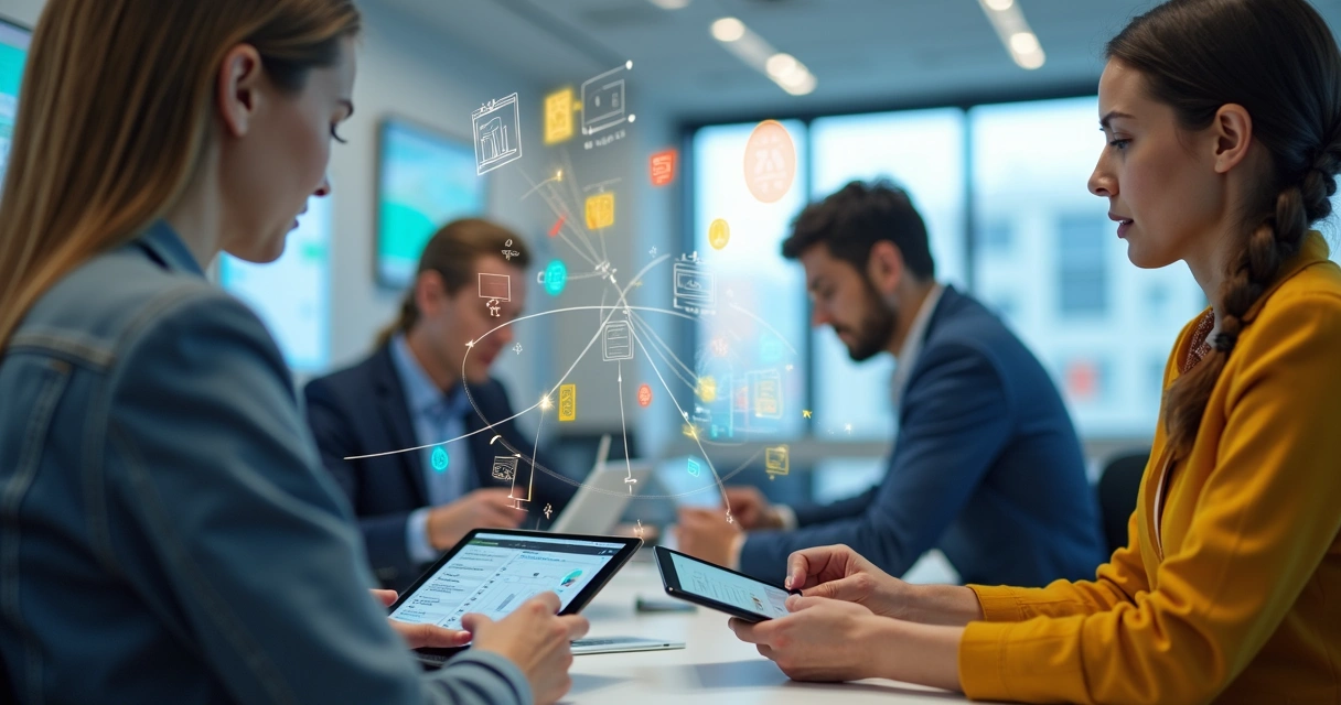 Colaboradores em ambiente de trabalho aprendendo com ferramentas digitais 