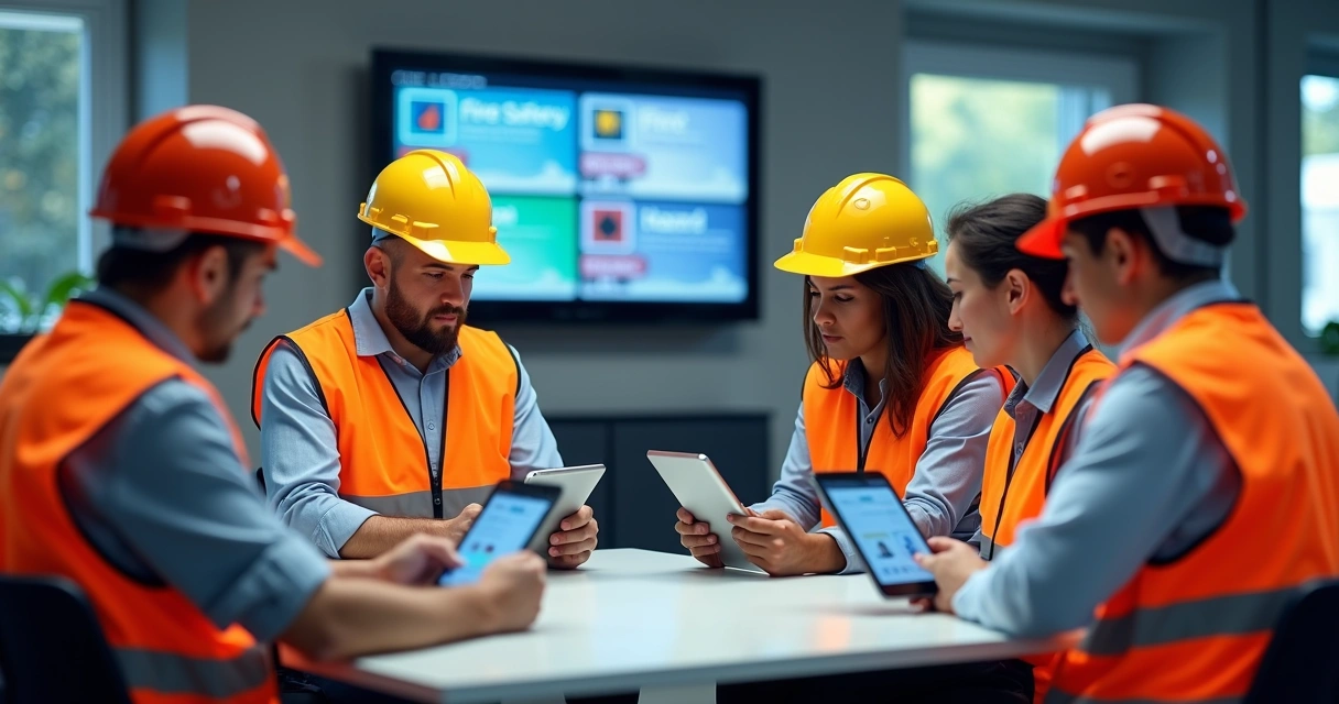 Colaboradores aprendendo sobre segurança do trabalho com tablets 
