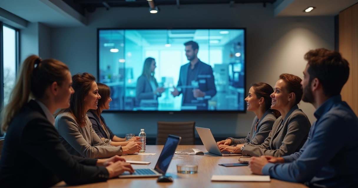 Equipe de colaboradores assistindo a um vídeo juntos em ambiente de trabalho