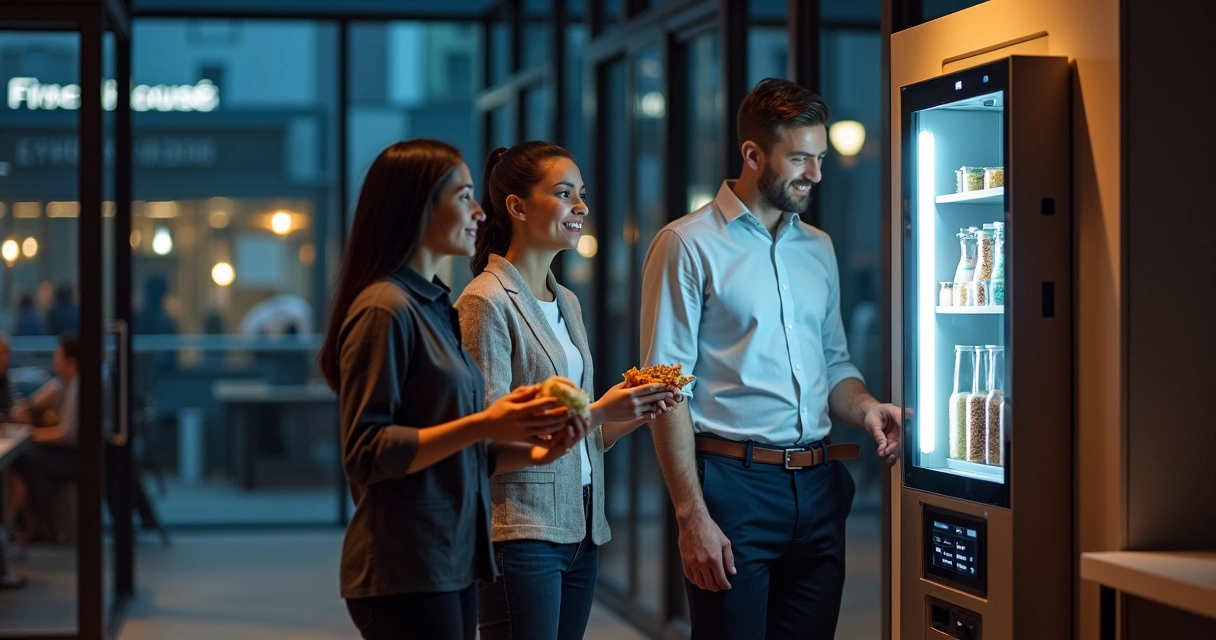 Funcionários utilizando autoatendimento corporativo à noite 