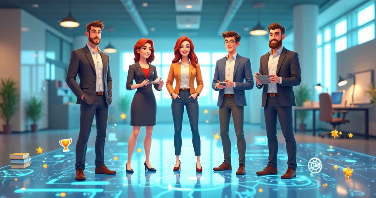 Funcionários representados como personagens em cenário de aventura corporativa gamificada