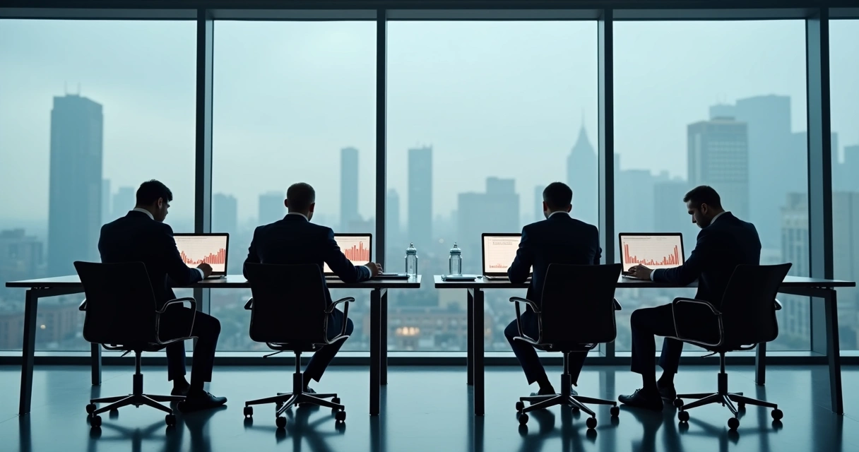 Quatro profissionais em ambiente de escritório, cada um isolado no próprio espaço, sem contato visual e com expressões neutras. 