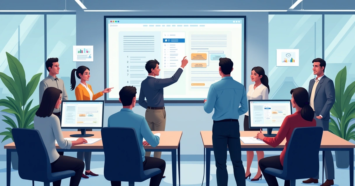 Equipe de escritório buscando informações em computadores 