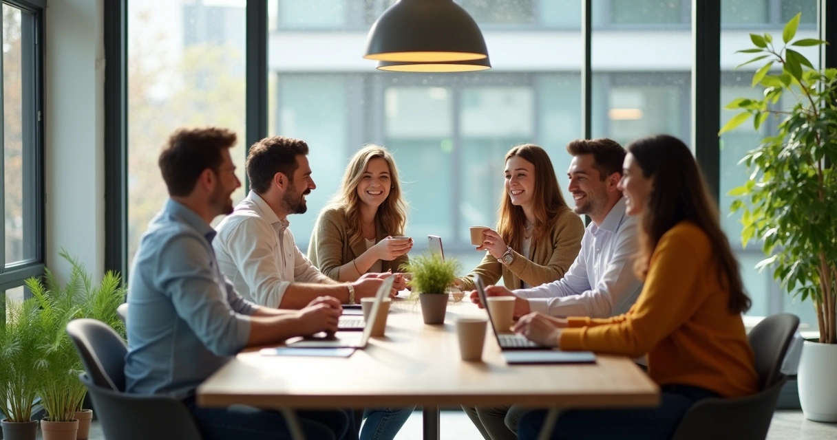Colaboradores conversam e tomam café juntos em ambiente descontraído de escritório.