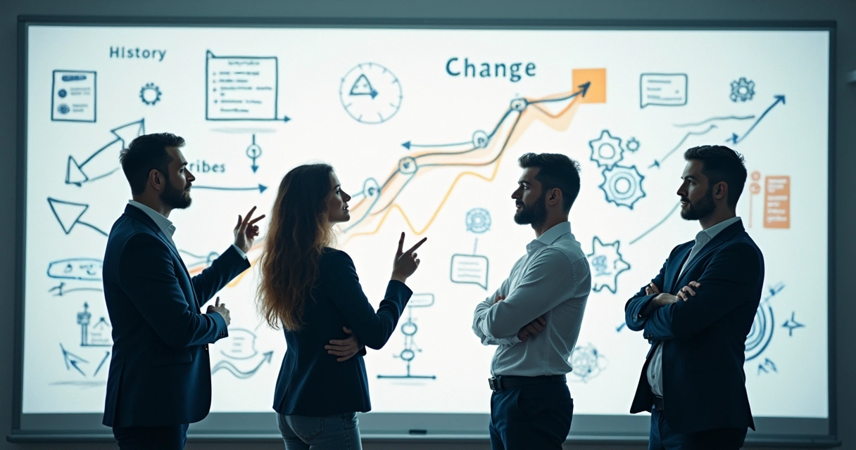 Colaboradores reflexionando juntos frente a una pizarra llena de flechas y símbolos de cambio 