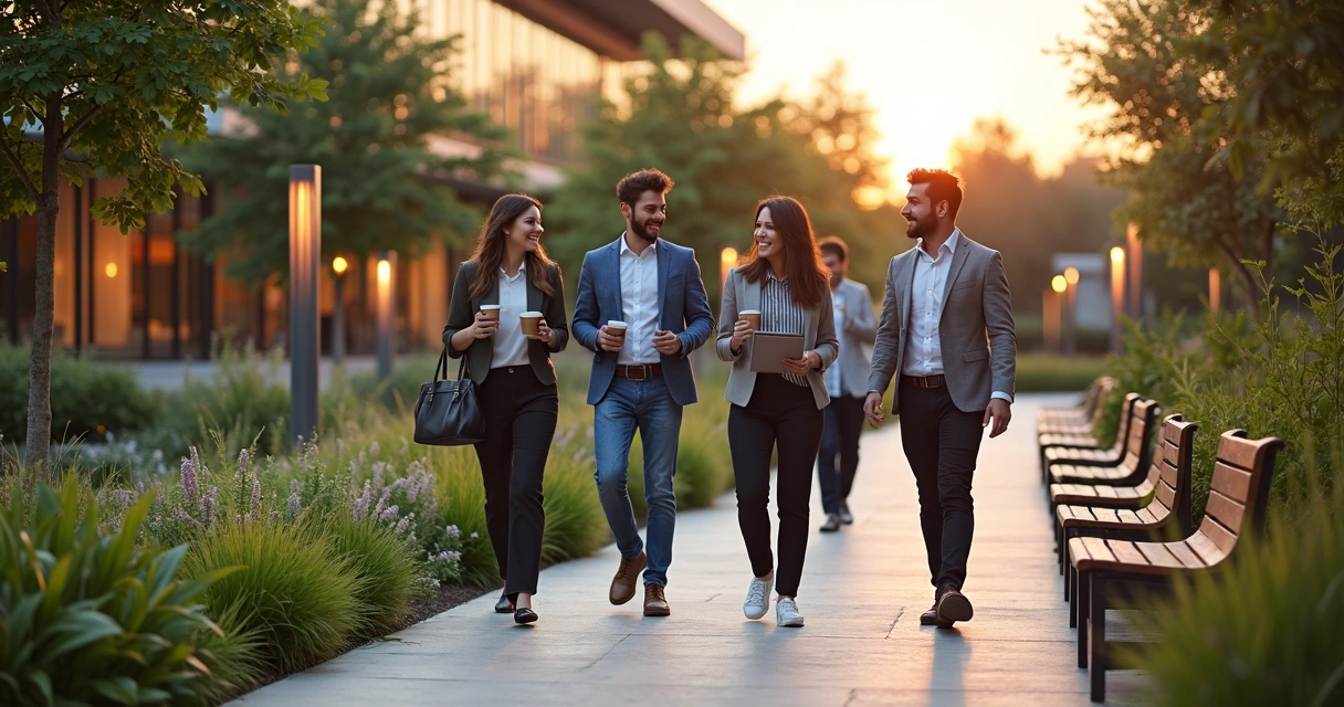 Colegas de trabalho caminhando e conversando em jardim corporativo exuberante 
