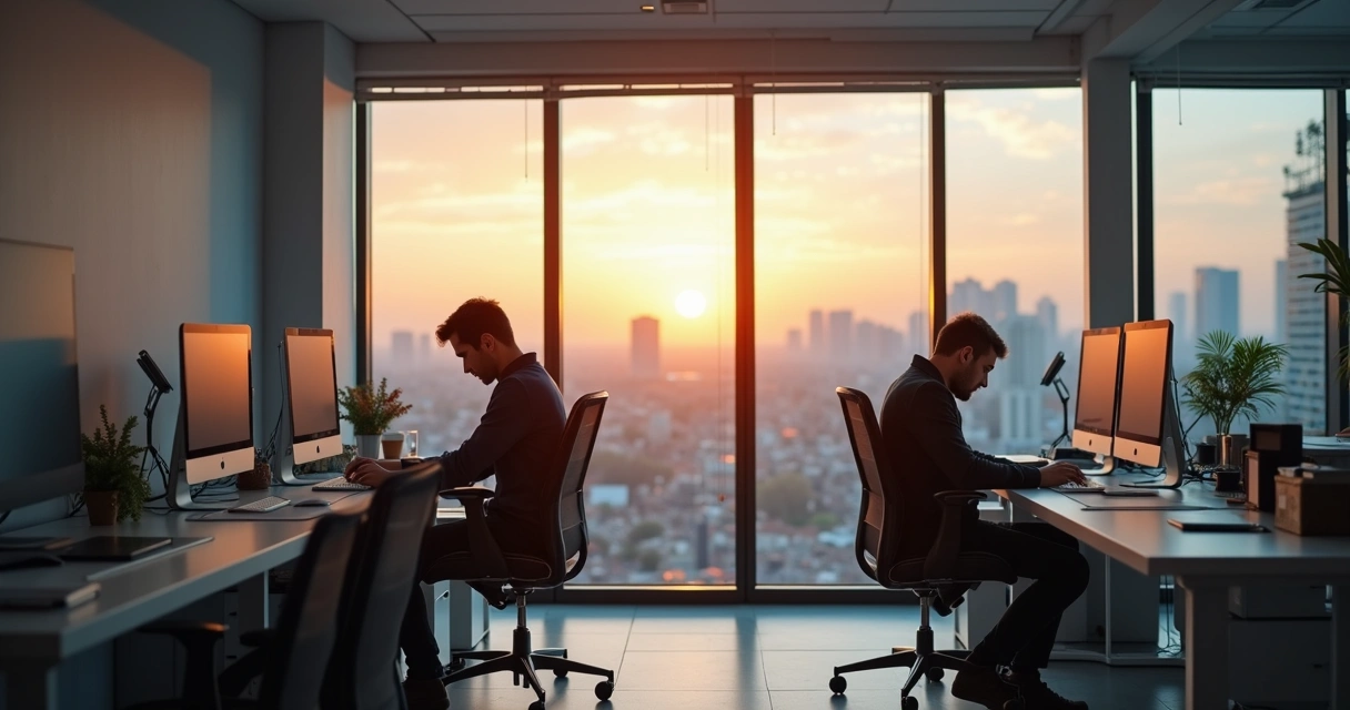 Colaboradores exaustos sentados em mesas de escritório com expressão de sobrecarga 