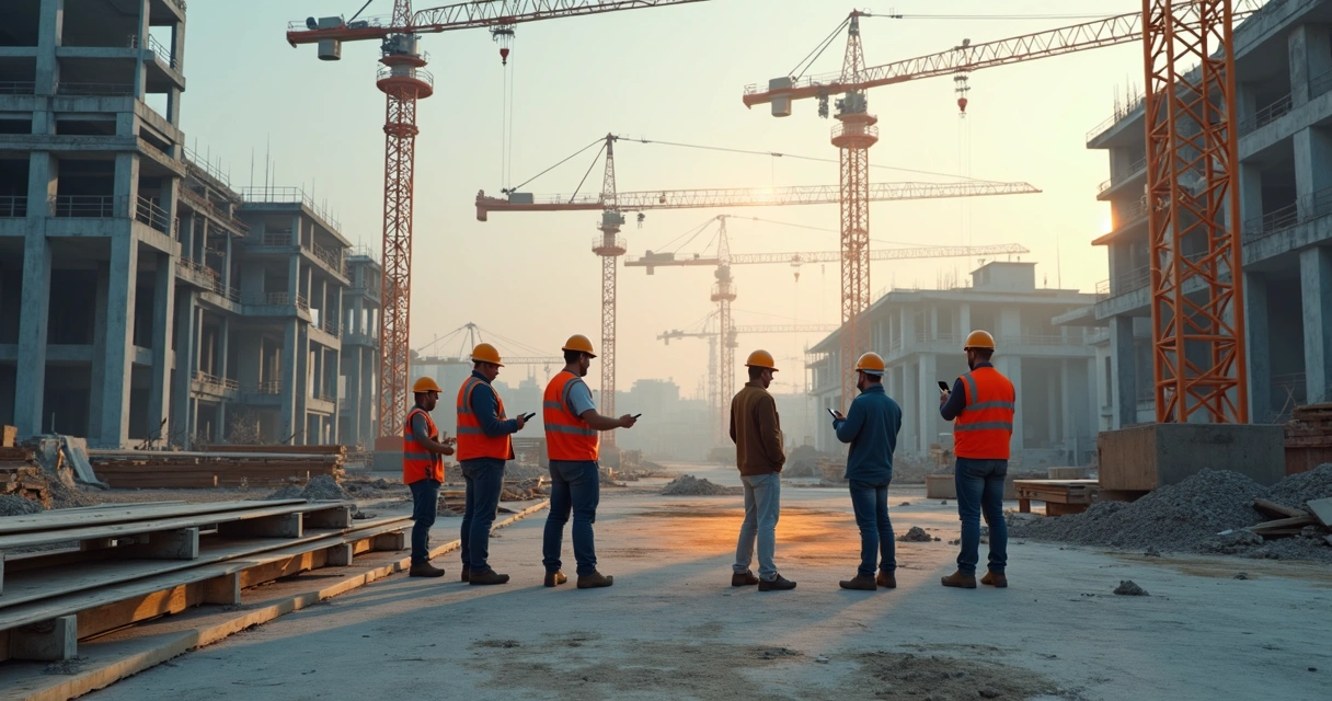 Canteiro de obras com trabalhadores, máquinas e identificações visuais de IA em alerta 