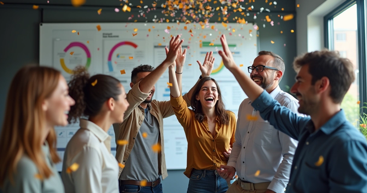 Colaboradores celebrando juntos após conquistar metas em ambiente de trabalho 
