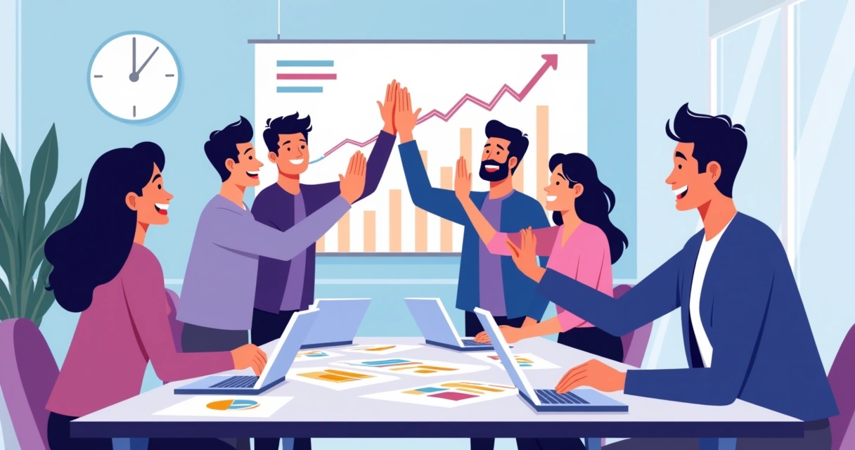 Equipe empresarial comemorando resultado de parcerias em ambiente interno 