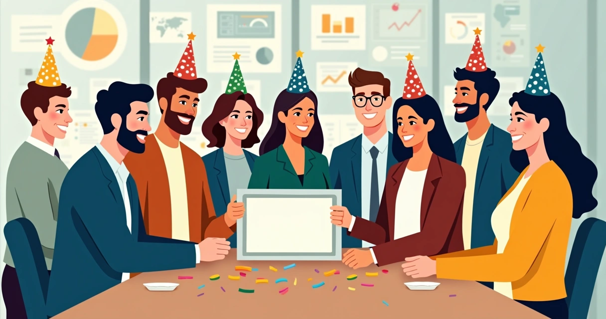 Grupo de funcionários celebrando com placa em evento 