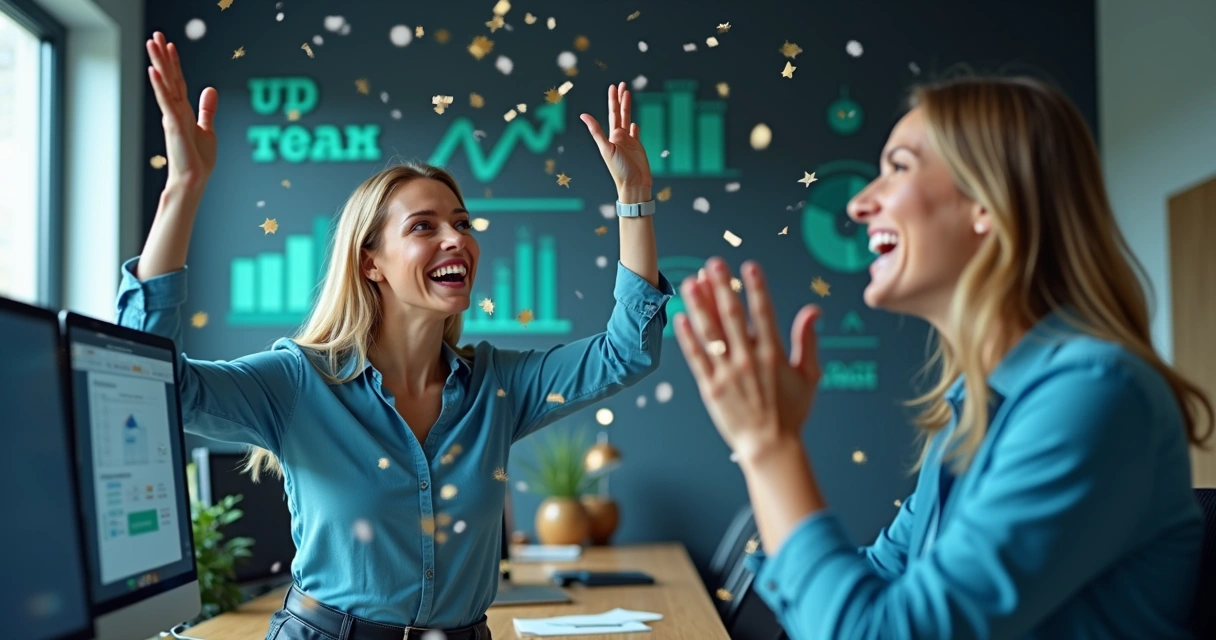 Dois colaboradores comemorando resultado em videoconferência 