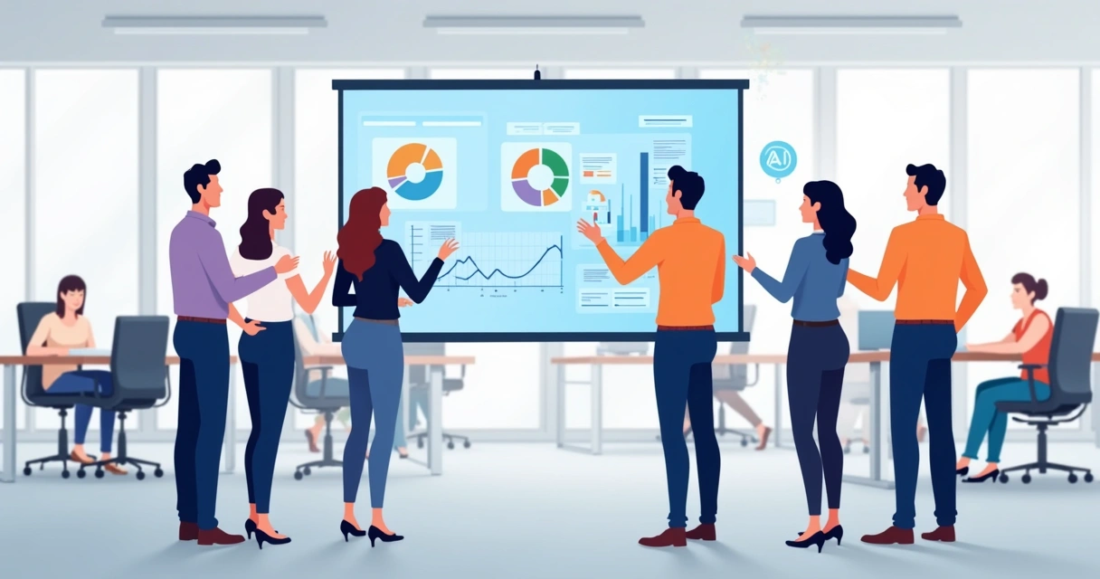 Equipe colaborando em torno de tela com dashboard de dados 