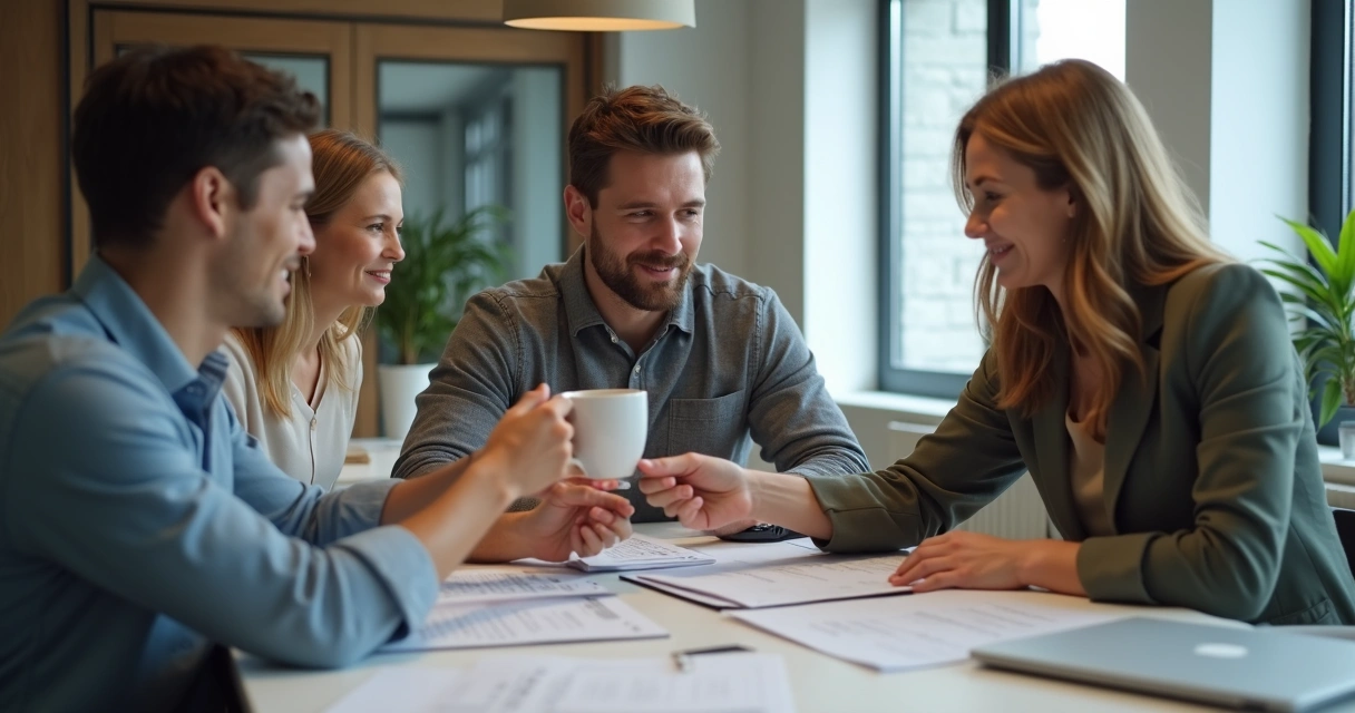 Pessoas colaborando em mesa de reunião, demonstrando ajuda e compaixão 