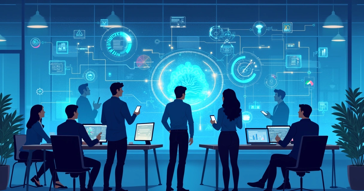 Equipe de colaboradores avaliando gráficos e dados em painel digital 