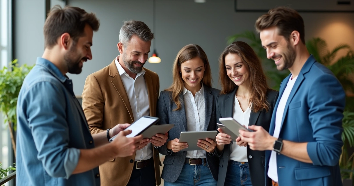 Funcionários segurando certificados digitais, sorrindo após treinamento